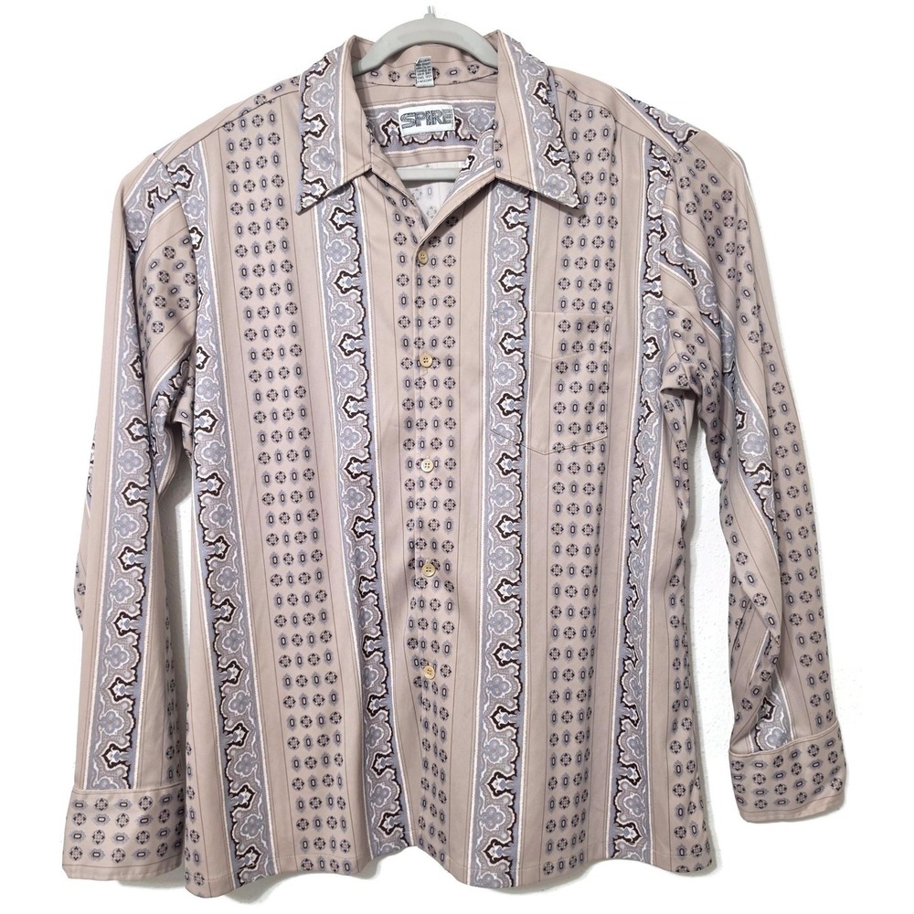 Vintage Spire Shirt Mens XL Brown Stripe Long Sleeve Button Retro Polyester